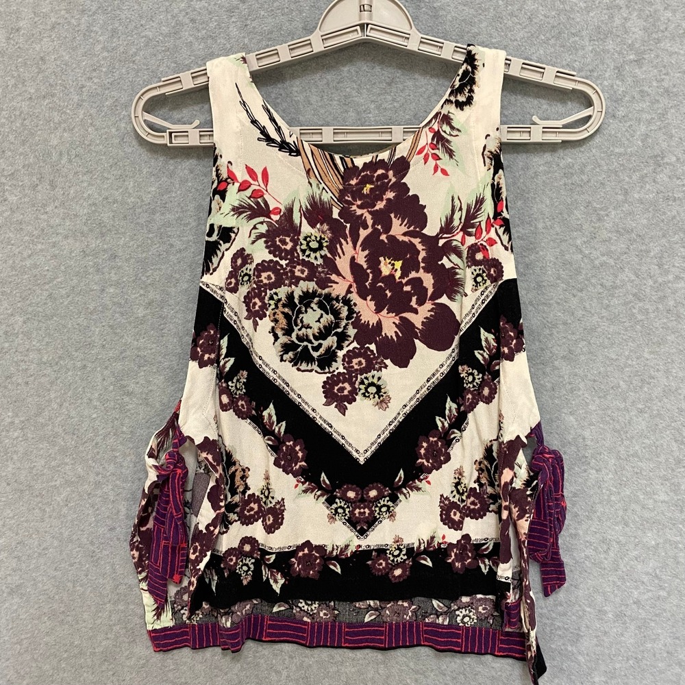 Free People Women's L Floral Cropped Top Sleeveless Blouse 100% Rayon Multicolor